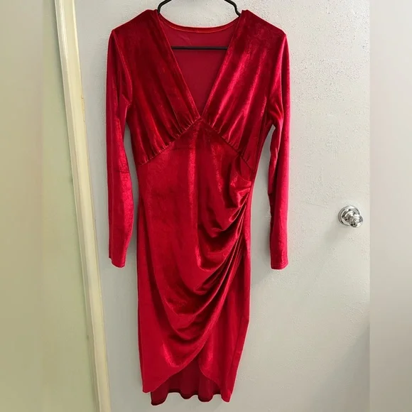 strapless open back dress Red Clay Frilled Neck Smocked Bodice Velvet Dress main image 0